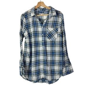 Merona Blue & White Plaid Henley Long Sleeve Top L